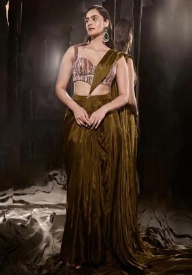 Olive Brown Crepe Handwork Pre Draped Saree Set