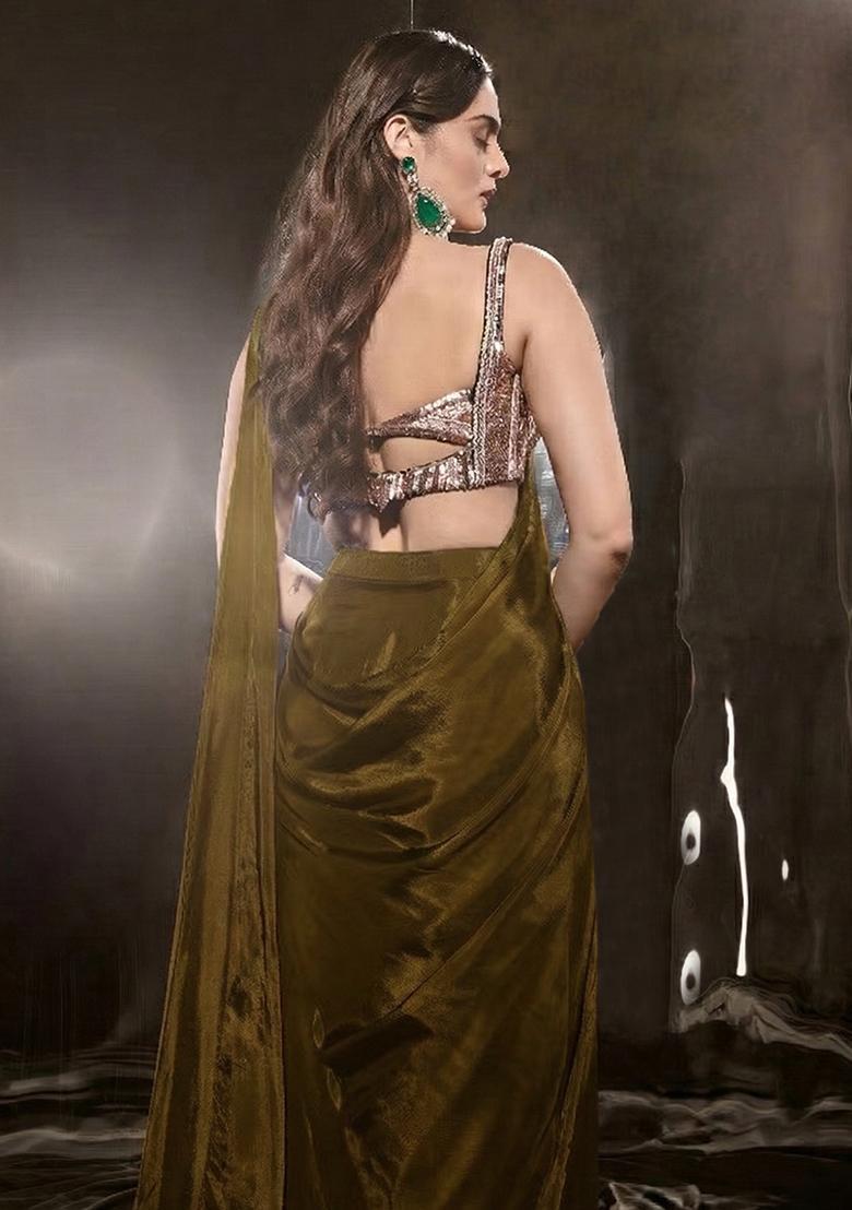 Olive Brown Crepe Handwork Pre Draped Saree Set - Indya