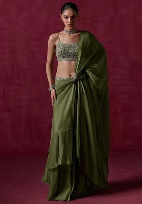 Olive Green Organza Handwork Pre Draped Saree Set