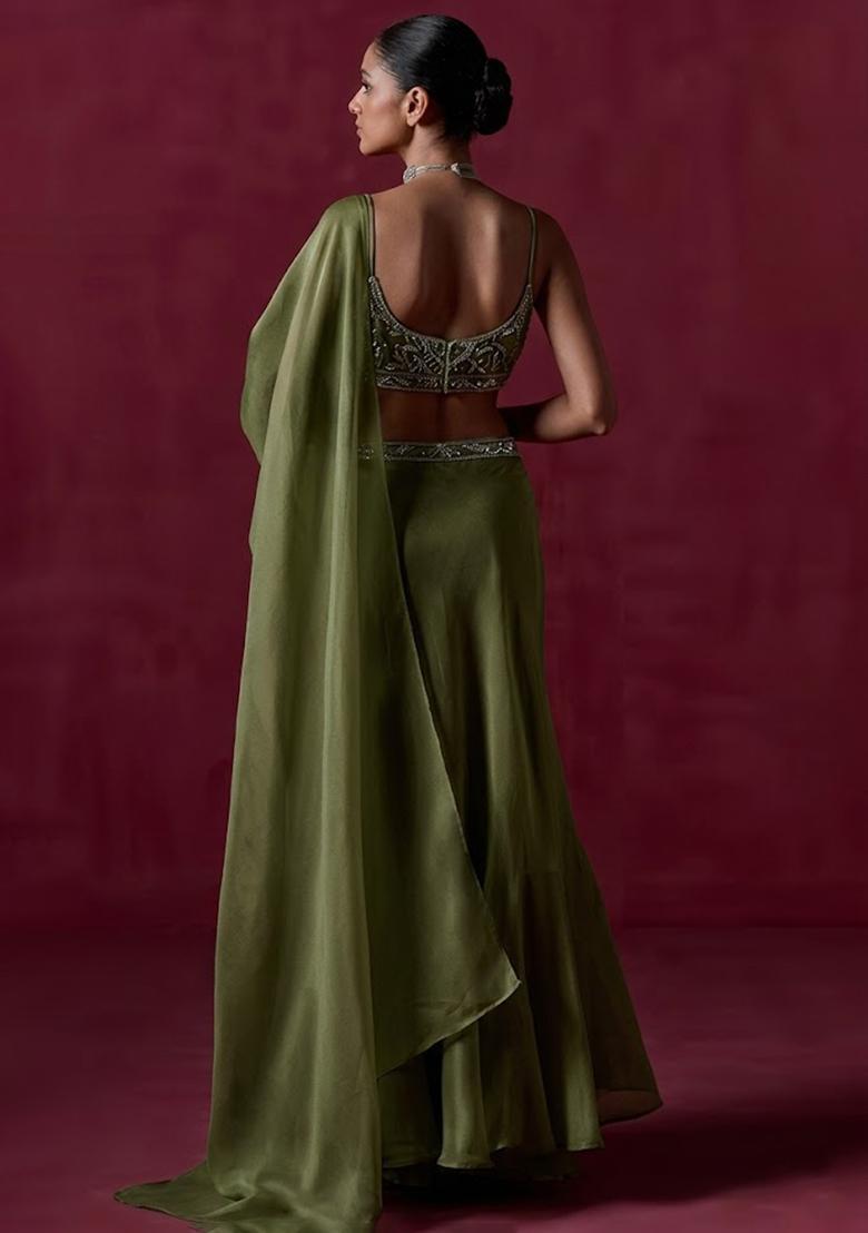 Olive Green Organza Handwork Pre Draped Saree Set - Indya