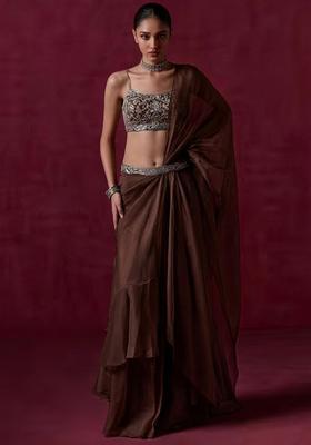 Chocolate Brown Organza Handwork Pre Draped Saree Set