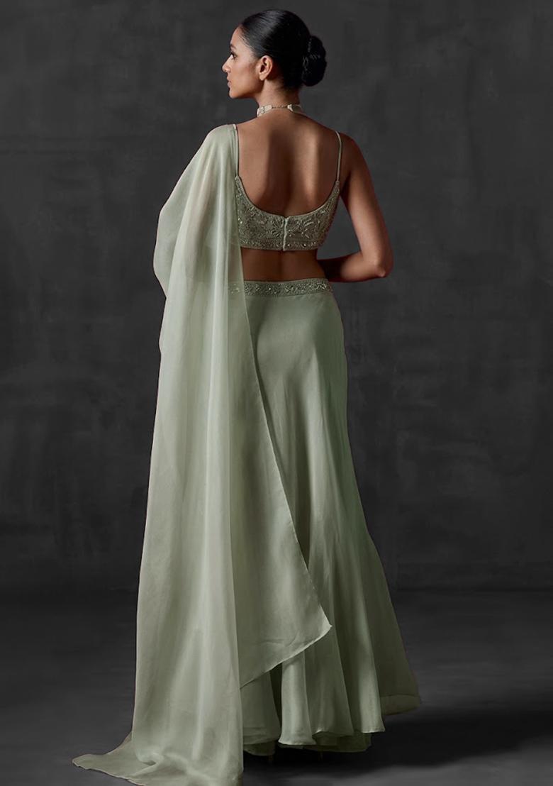 Off White Organza Handwork Pre Draped Saree Set - Indya