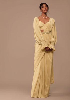 Champagne Gold Crepe Handwork Pre Draped Saree Set