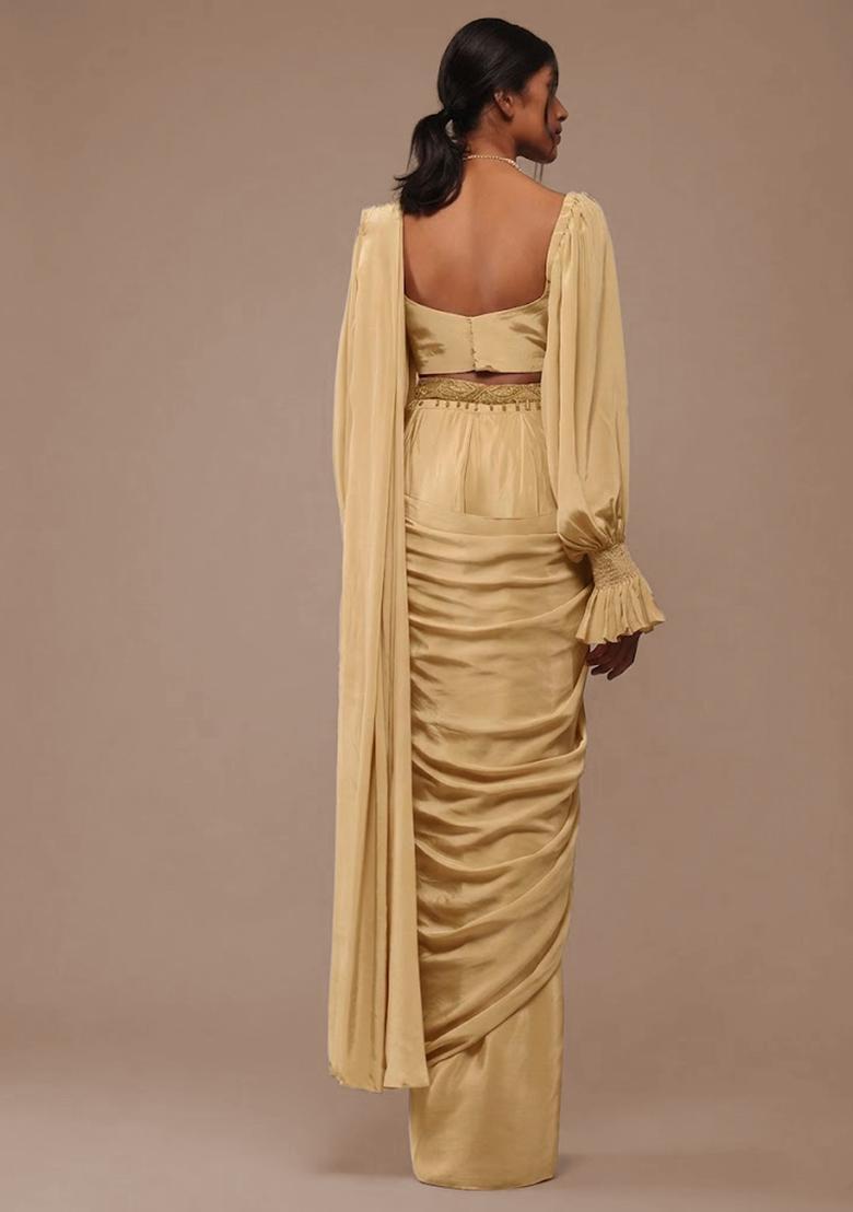 Champagne Gold Crepe Handwork Pre Draped Saree Set - Indya