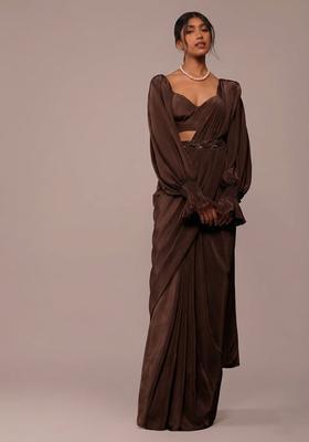 Brown Crepe Handwork Pre Draped Saree Set