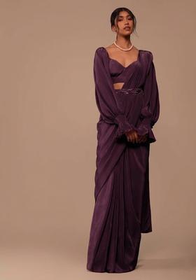 Purple Crepe Handwork Pre Draped Saree Set
