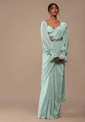 Sky Blue Crepe Handwork Pre Draped Saree Set