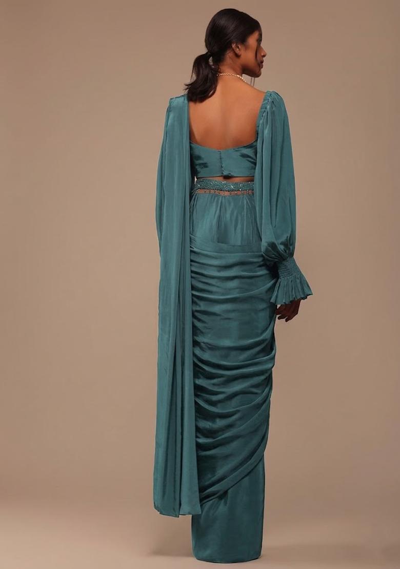 Teal Blue Crepe Handwork Pre Draped Saree Set - Indya