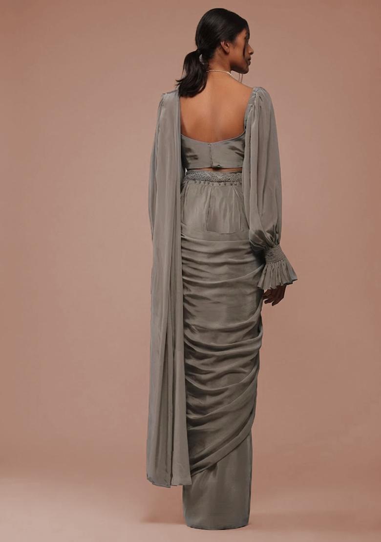Grey Crepe Handwork Pre Draped Saree Set - Indya