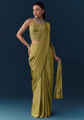 Olive Green Crepe Handwork Pre Draped Saree Set