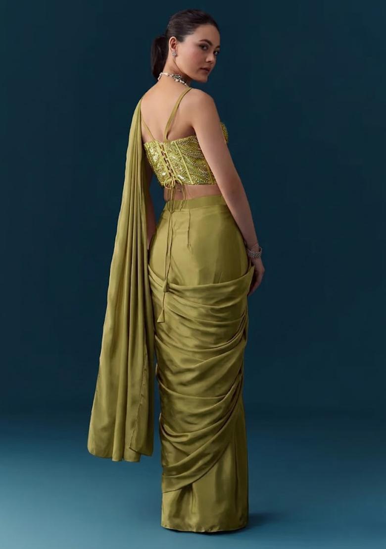Olive Green Crepe Handwork Pre Draped Saree Set - Indya