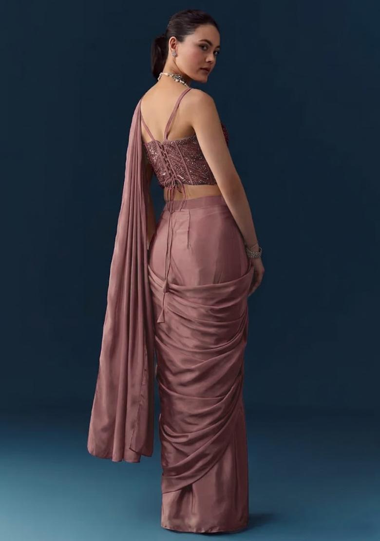 Pink Crepe Handwork Pre Draped Saree Set - Indya