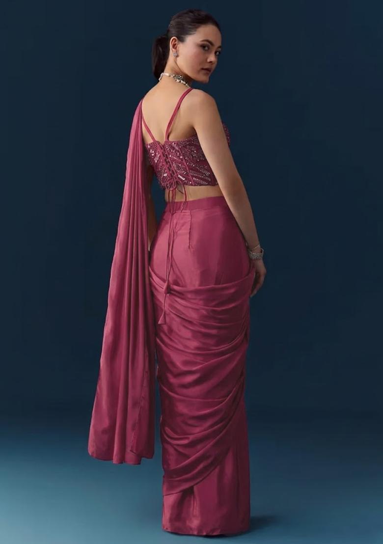 Rani Pink Crepe Handwork Pre Draped Saree Set - Indya