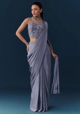 Dusty Blue Crepe Handwork Pre Draped Saree Set