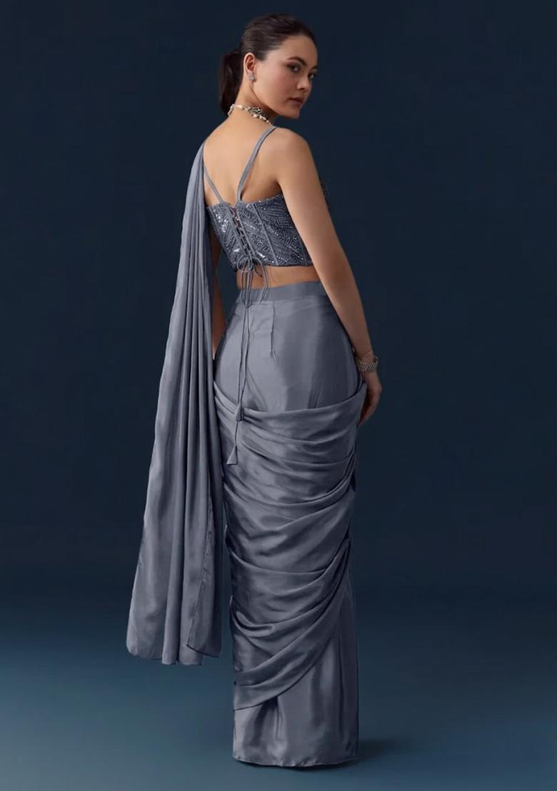 Dusty Blue Crepe Handwork Pre Draped Saree Set - Indya