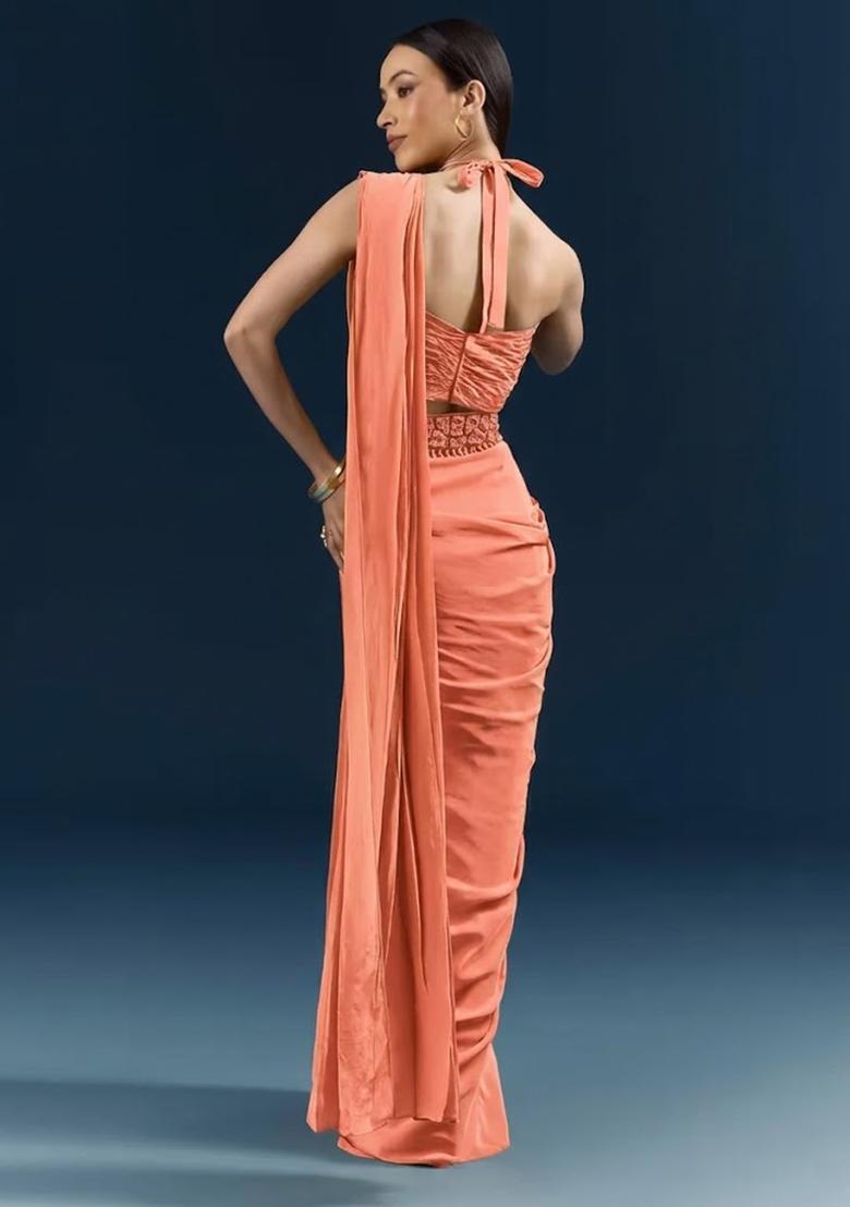 Peach Crepe Handwork Pre Draped Saree Set - Indya