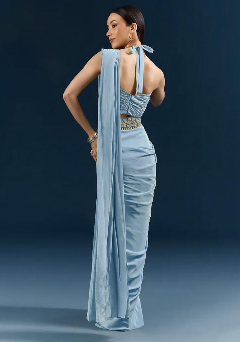 Soft Blue Crepe Handwork Pre Draped Saree Set - Indya