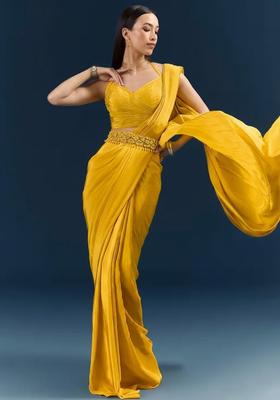 Yellow Crepe Handwork Pre Draped Saree Set