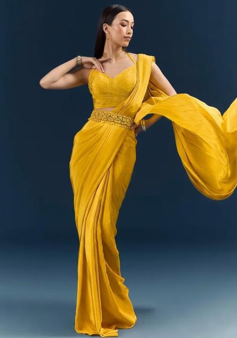 Yellow Crepe Handwork Pre Draped Saree Set