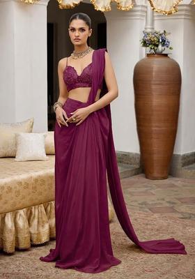 Wine Crepe Handwork Pre Draped Saree Set