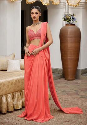 Coral Pink Crepe Handwork Pre Draped Saree Set