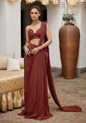 Brown Crepe Handwork Pre Draped Saree Set