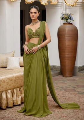 Olive Green Crepe Handwork Pre Draped Saree Set