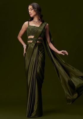 Olive Green Crepe Handwork Pre Draped Saree Set