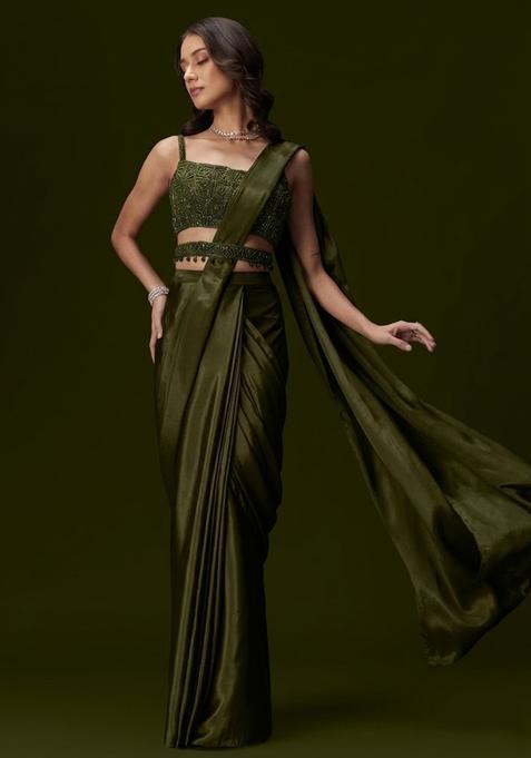 Olive Green Crepe Handwork Pre Draped Saree Set