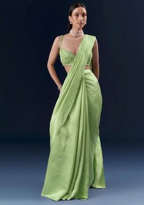 Mint Green Chinon Handwork Pre Draped Saree Set