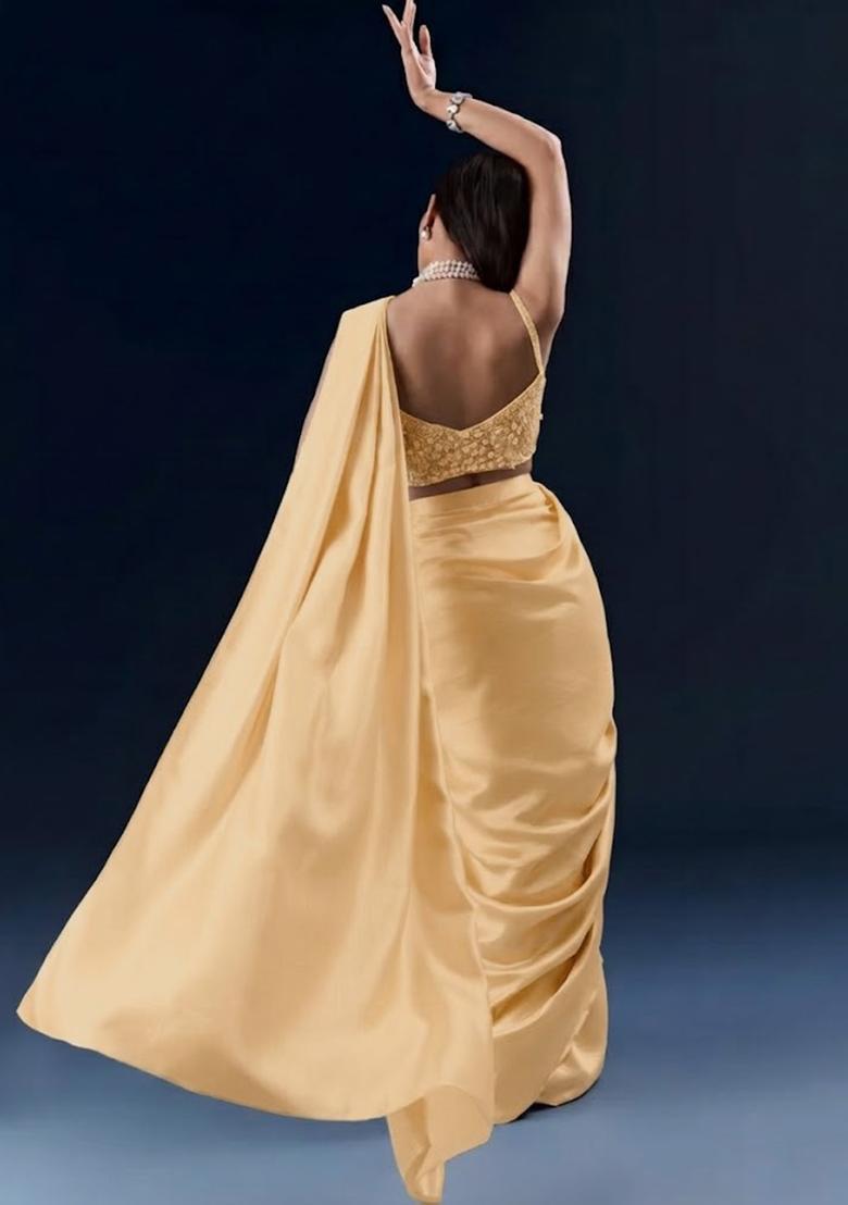 Champagne Gold Chinon Handwork Pre Draped Saree Set - Indya