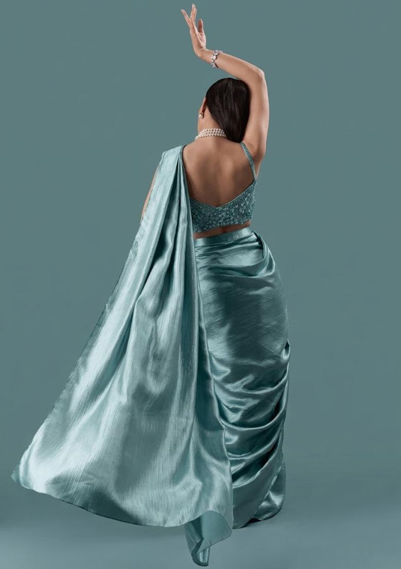 Powder Blue Chinon Handwork Pre Draped Saree Set - Indya