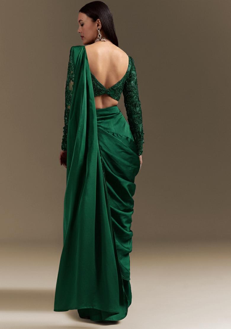 Bottle Green Satin Handwork Pre Draped Saree Set - Indya