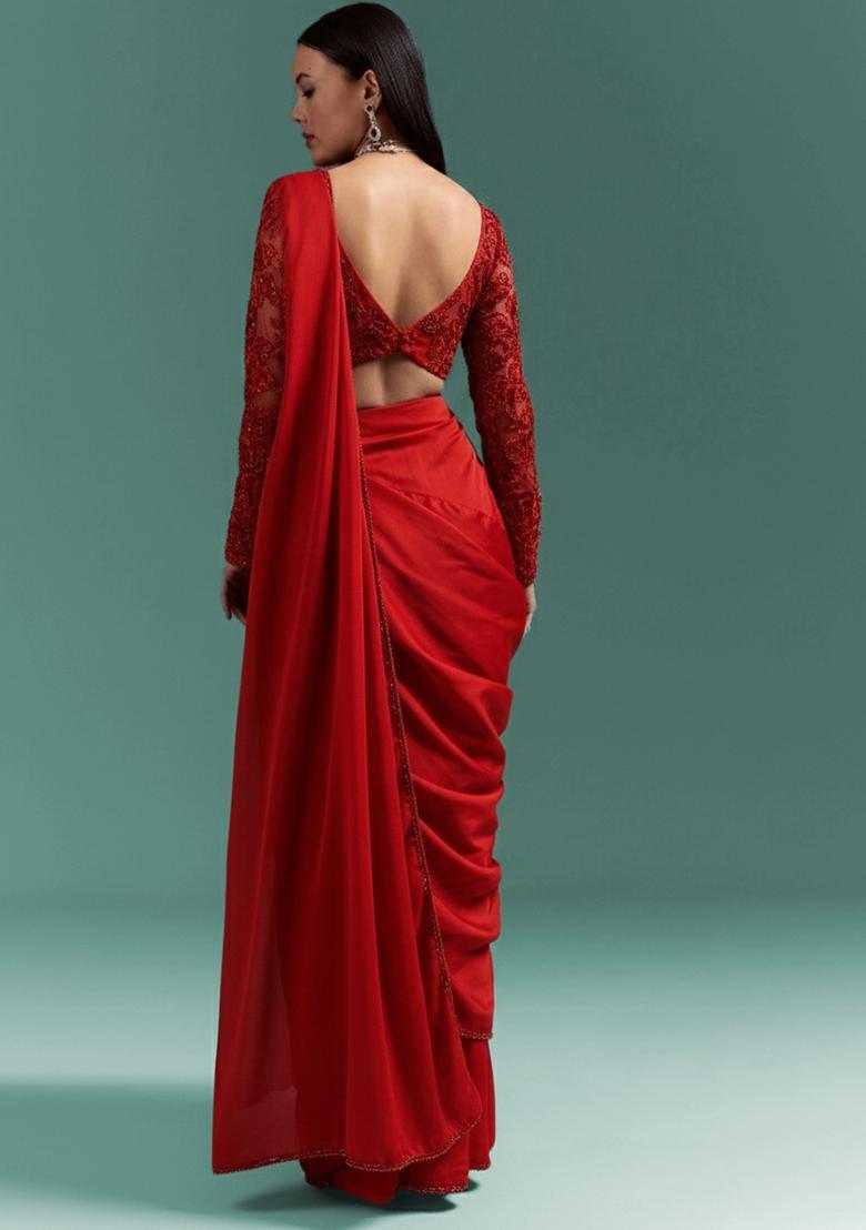 Red Satin Handwork Pre Draped Saree Set - Indya