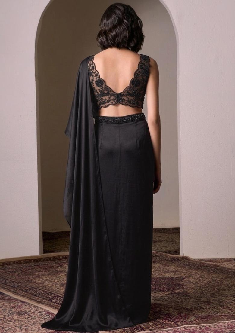 Black Satin Handwork Pre Draped Saree Set - Indya