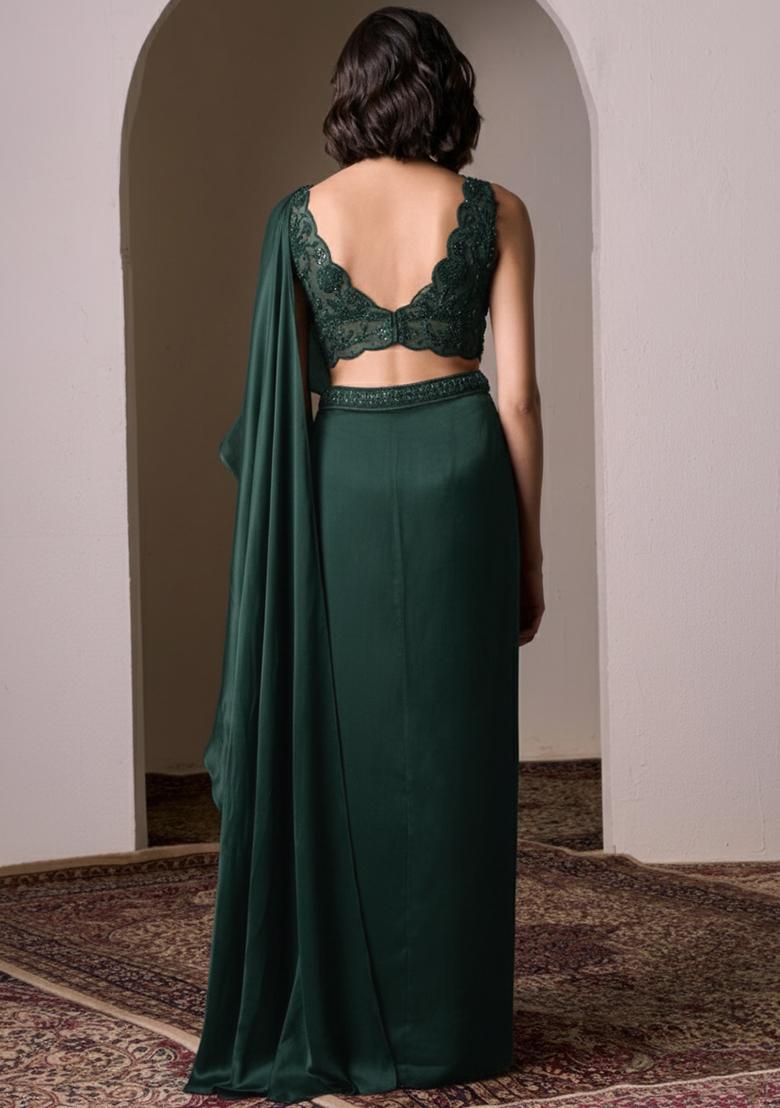 Bottle Green Satin Handwork Pre Draped Saree Set - Indya