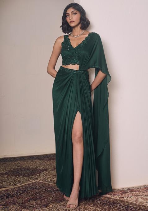 Bottle Green Satin Handwork Pre Draped Saree Set