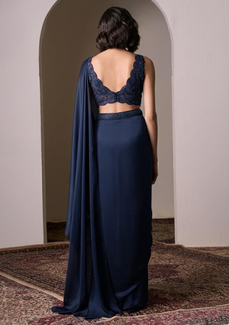 Navy Blue Satin Handwork Pre Draped Saree Set - Indya