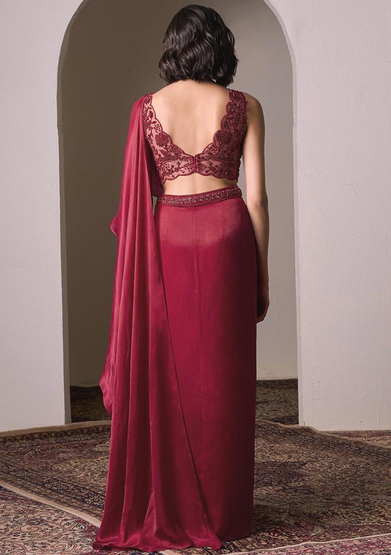 Red Satin Handwork Pre Draped Saree Set - Indya