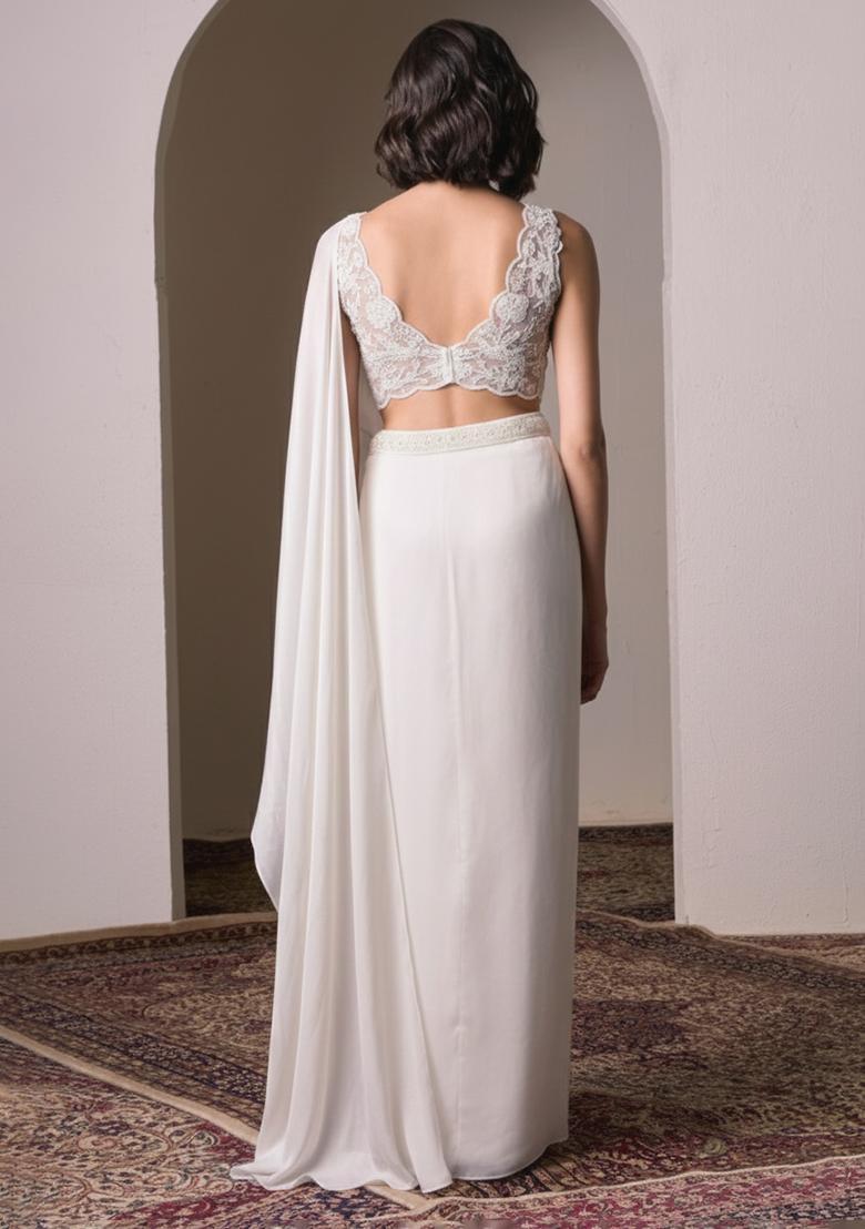 Ivory Satin Handwork Pre Draped Saree Set - Indya