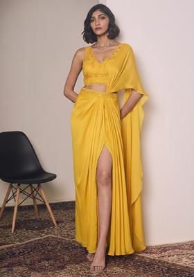 Yellow Satin Handwork Pre Draped Saree Set