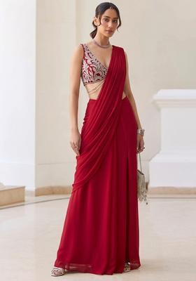 Rani Pink Georgette Handwork Pre Draped Saree Set
