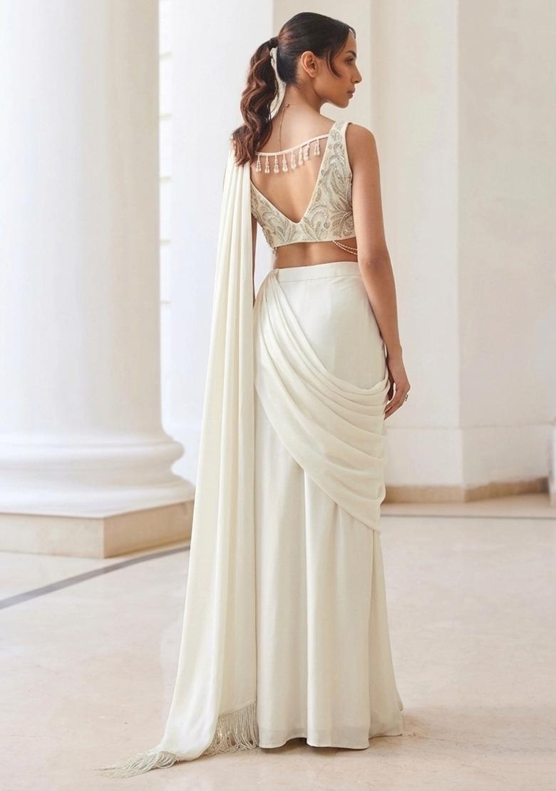 White Georgette Handwork Pre Draped Saree Set - Indya