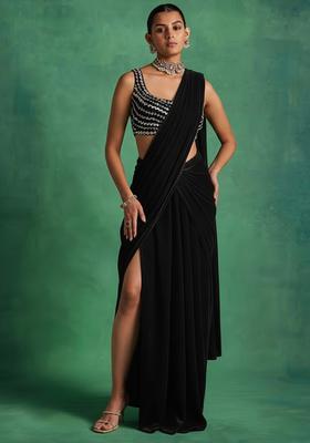 Black Georgette Handwork Pre Draped Saree Set