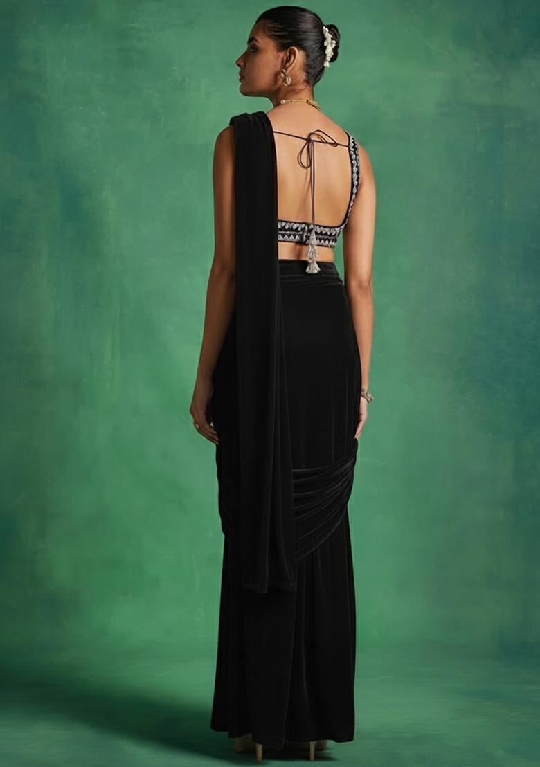 Black Georgette Handwork Pre Draped Saree Set - Indya