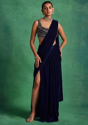 Navy Blue Velvet Handwork Pre Draped Saree Set