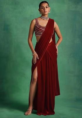 Deep Red Velvet Handwork Pre Draped Saree Set