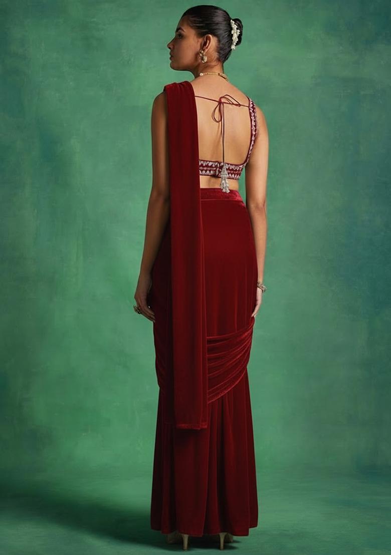 Deep Red Velvet Handwork Pre Draped Saree Set - Indya
