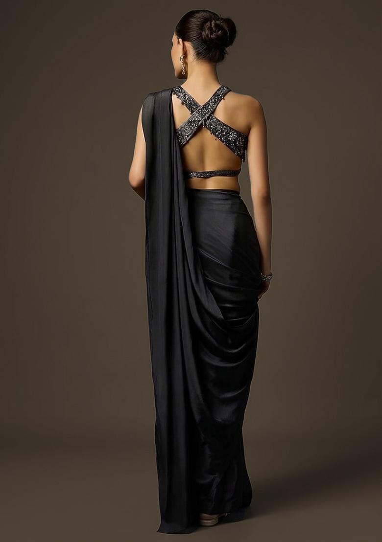 Black Crepe Handwork Pre Draped Saree Set - Indya