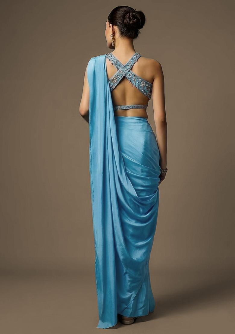 Soft Blue Crepe Handwork Pre Draped Saree Set - Indya